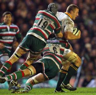 South Africa's Jean Deysel is tackled by Leicester's Craig Hammond and Geoff Parling, Leicester Tigers v South Africa XV, Tour Match, Welford Road, Leicester, England, November 6, 2009
