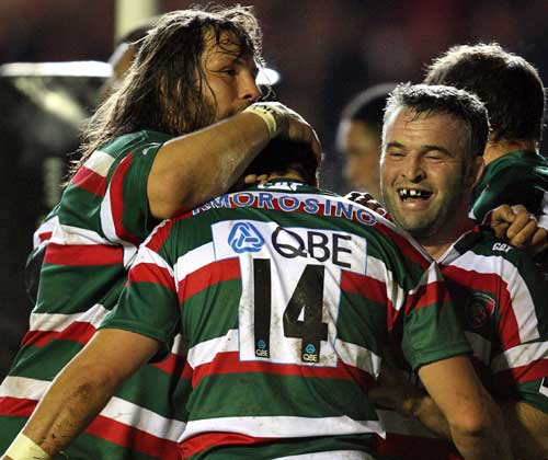 Leicester winger Lucas Amorosino is congratulated on a try