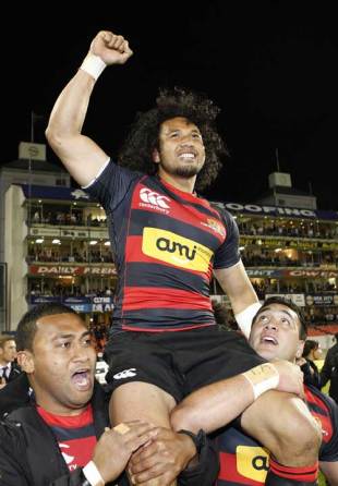 Canterbury's Casey Laulala is chaired around the field by his team-mates