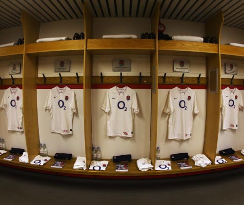 The England team's match jerseys hang in the changing room