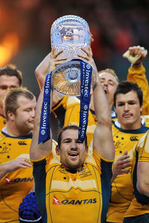 Australia captain Rocky Elsom lifts the Cook Cup
