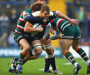 Leeds' Rhys Oakley is shackled by the Leicester defence, Leeds Carnegie v Leicester Tigers, Anglo-Welsh Cup, Headingley Cardnegie, Leeds, England, November 8, 2009