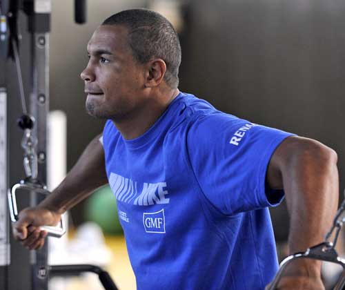 France captain Thierry Dusautoir limbers up for the challenge of the Springboks