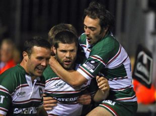 Dan Hipkiss of Leicester is congratulated by team mate Julien Dupuy (R) after scoring a try during the Guinness Premiership match between Leicester Tigers and Northampton Saints, Welford Road, October 1, 2008. 