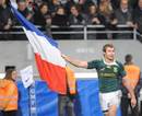 French winger Vincent Clerc celebrates after beating South Africa in Toulouse