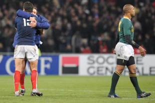 France's Damien Traille and Julien Dupuy celebrate victory over South Africa, France v South Africa, Stade Municipal. Toulouse, France, November 13, 2009