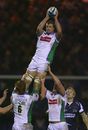 Leeds Carnegie's Rhys Oakley of wins the ball at a lineout