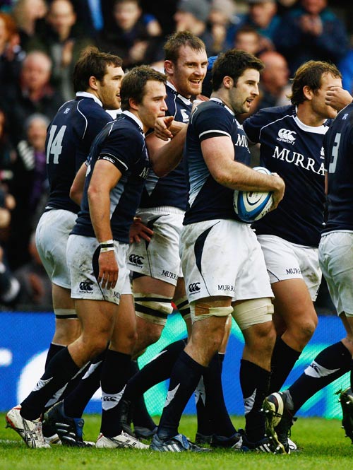 Scotland's Johnnie Beattie is congratulated after his try