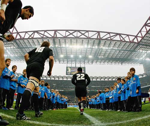 New Zealand take to the field at the San Siro in Milan