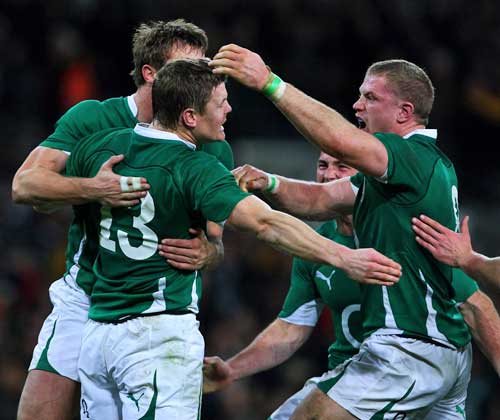 Ireland's Brian O'Driscoll is congratulated on his last-gasp try