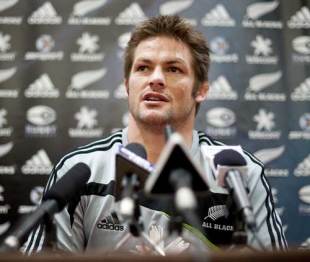 New Zealand skipper Richie McCaw talks to the media at a press conference in London, November 20, 2009