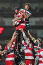 Gloucester's Peter Buxton and Leicester's Geoff Parling contest a lineout