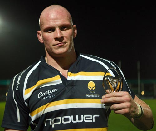 Worcester's Craig Gillies shows off his man of the match award