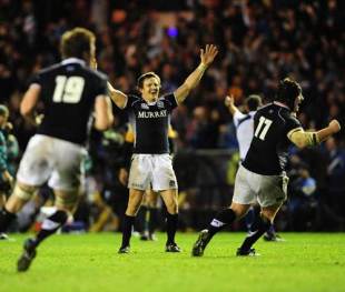 Scotland scrum-half Rory Lawson celebrates at the final whistle, Scotland v Australia, Murrayfield, November 21, 2009