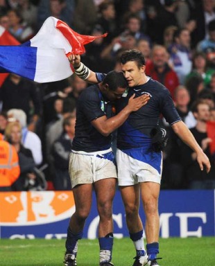 France's Thierry Dusautoir and Damien Traille celebrate victory, France v New Zealand, Rugby World Cup, Millennium Stadium, October 6, 2007