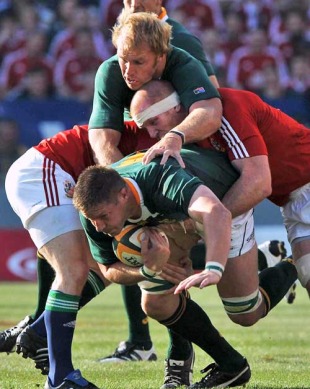 South Africa's Bakkies Botha is tackled by the Lions' Paul O'Connell, South Africa v British & Irish Lions, Loftus Versfeld, Pretoria, South Africa, June 27, 2009