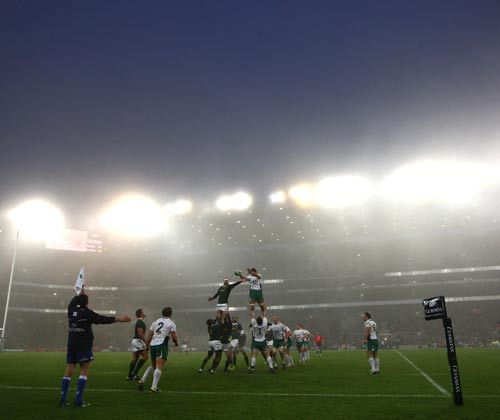 Ireland win a lineout as a heavy fog descends upon Croke Park