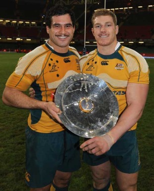 Australia flankers George Smith and David Pocock pose with the James Bevan trophy