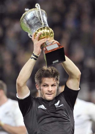 New Zealand's Richie McCaw lifts the Dave Gallaher Trophy, France v New Zealand, Stade Velodrome, Marseille, France, November 28, 2009
