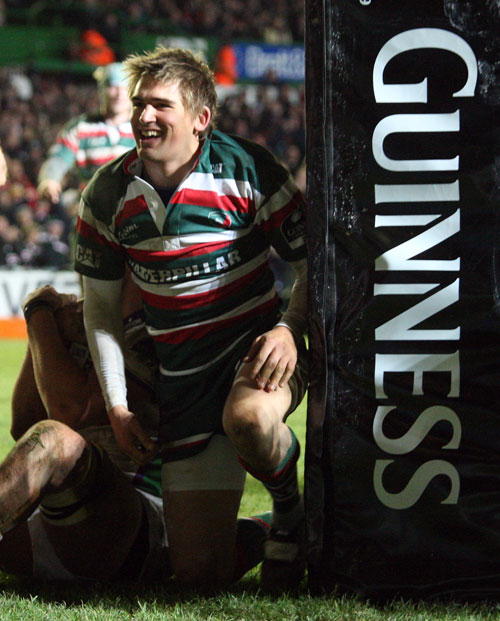 Leicester's Toby Flood celebrates a try