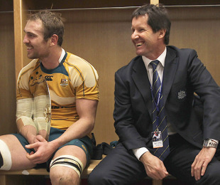 Captain Rocky Elsom and head coach Robbie Deans of Australia celebrate following victory of the Invesco Perpetual Series match against Wales at the Millennium Stadium on November 28, 2009 in Cardiff, Wales.