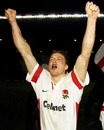 England wing Dan Luger celebrates victory over South Africa