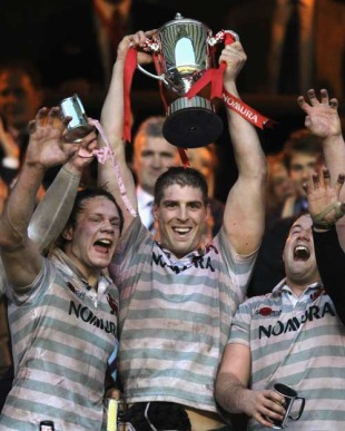 Cambridge captain Dan Vickerman holds the trophy aloft after his team's win over Oxford in the Varsity match, Twickenham, London, England, December 10, 2009