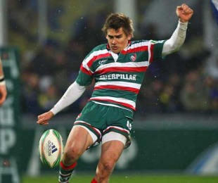 Leicester Tigers fly-half Toby Flood clears his lines, Clermont Auvergne v Leicester Tigers, Heineken Cup, Stade Marcel Michelin, Clermont-Ferrand, France, December 13, 2009