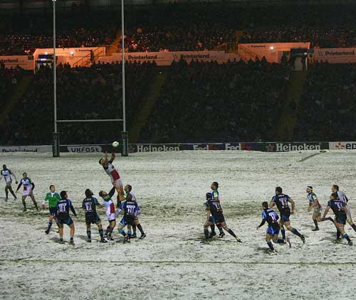 Harlequins claim a lineout at a snow-covered Edgeley Park