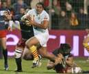 Perpignan's Henry Tuilagi stretches the Racing defence