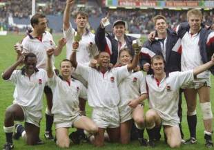 The England Sevens team celebrates victory in the inaugural World Cup Sevens, England v Australia, World Cup Sevens, Murrayfield, April 18 1993.