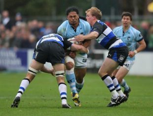 Alesana Tuilagi of Leicester is tackled by Scott Hobson (L) and Tom Cheeseman during the EDF Energy Cup match between Bath and Leicester Tigers at The Recreation Ground in Bath, England on October 4, 2008 . 