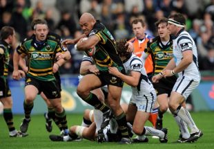 Soane Tonga'uiha of Northampton breaks through the Bristol defence during the the EDF Energy Cup match between Northampton Saints and Bristol at Franklin's Gardens in Northampton, England on October 4, 2008.