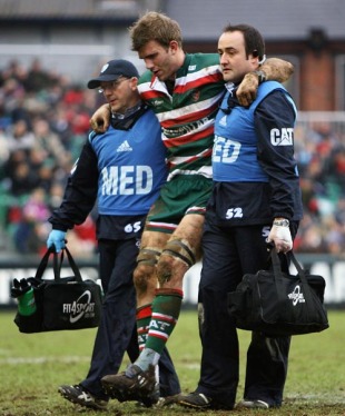 Leicester's Tom Croft is helped off after injuring his knee, Leicester Tigers v Viadana, Heineken Cup, Welford Road, Leicester, England, January 16, 2010