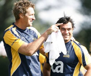 Brumbies lock Justin Harrison and flanker George Smith share a joke, Brumbies pre-season training session, Griffith Oval, Canberra, Australia, January 18, 2010