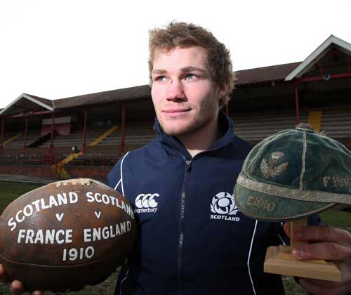 Edinburgh and Scotland's Ross Rennie poses for the media during the photocall to celebrate the centenary of the first match played between Scotland and France, Inverleith Ground, Edinburgh, Scotland, January 21, 2010