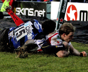 Ulster's Andrew Trimble slides in to score a try, Bath v Ulster, Heineken Cup, The Recreation Ground, Bath, England, January 23, 2010