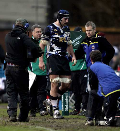 Bath lock Danny Grewcock trudges from the field after being sent-off