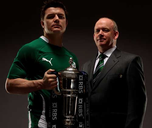 Ireland skipper Brian O'Driscoll and coach Declan Kidney pose with the Six Nations trophy