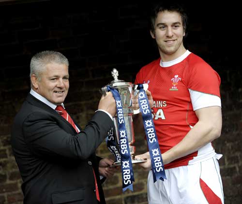 Wales coach Warren Gatland and captain Ryan Jones pose with the Six Nations trophy