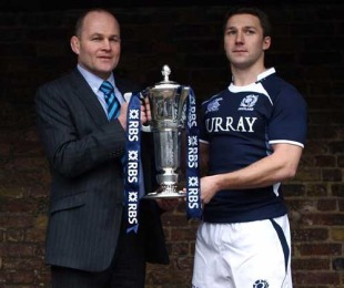 Scotland head coach Andy Robinson and captain Chris Cusiter pose with the Six Nations trophy at the 2010 tournament launch, Hurlingham Club, London, January 27, 2010