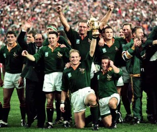 South Africa celebrate winning the 1995 Rugby World Cup, South Africa v New Zealand, Rugby World Cup Final, Ellis Park, Johannesburg, South Africa, June 24, 1995