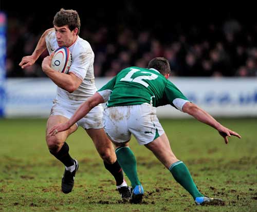 England Saxons centre Dominic Waldouck takes on the Ireland 'A' defence
