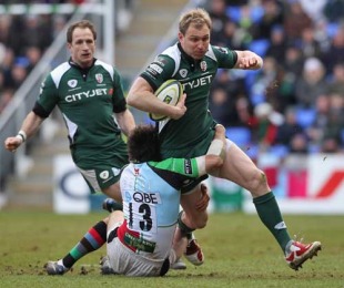 London Irish's Peter Hewat is tackled by Quins' Gonzalo Tiesi, London Irish v Harlequins, Anglo-Welsh Cup, Madejski Stadium, Reading, England, January 31, 2010