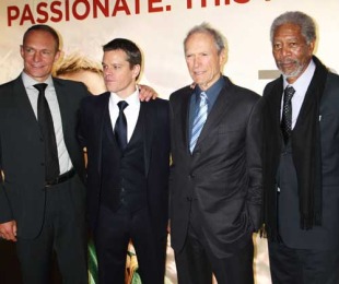 Francois Pienaar poses with Matt Damon, Clint Eastwood and Morgan Freeman at the UK premiere of <i>Invictus</i> at Leicester Square, London, January 31, 2010