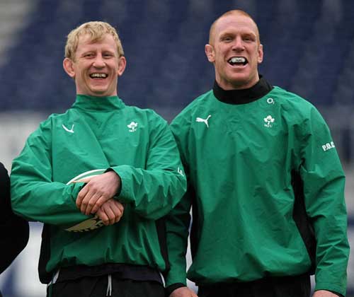 Ireland's Leo Cullen and Paul O'Connell share a joke in training