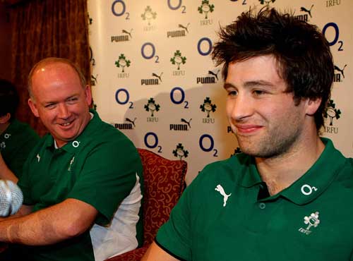 Ireland coach Declan Kidney smiles at flanker Kevin McLaughlin