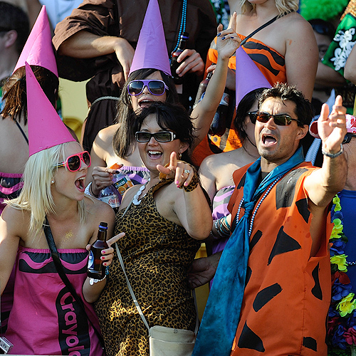 Fans enjoy the party atmosphere at the Wellington IRB Sevens