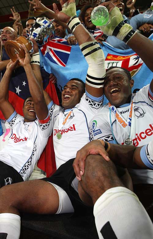 Fiji celebrate their triumph at Wellington