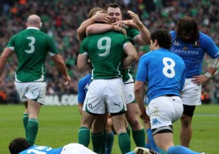 Cian Healy congratulates Tomás O'Leary after he scores Ireland's second try against Italy, Croke Park, Dublin, Ireland, February 6, 2010